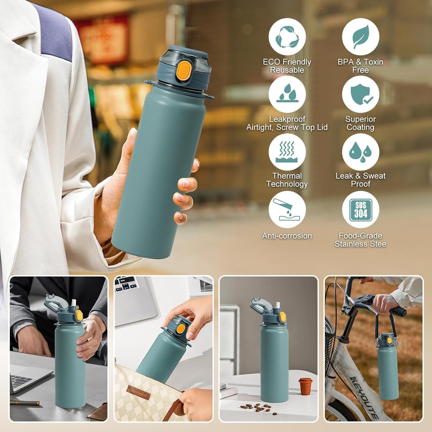 Stainless Steel Vacuum Insulated Water Bottle, 13 hrs Hot & 15 Hrs Cold Thermos - Green 800ML
