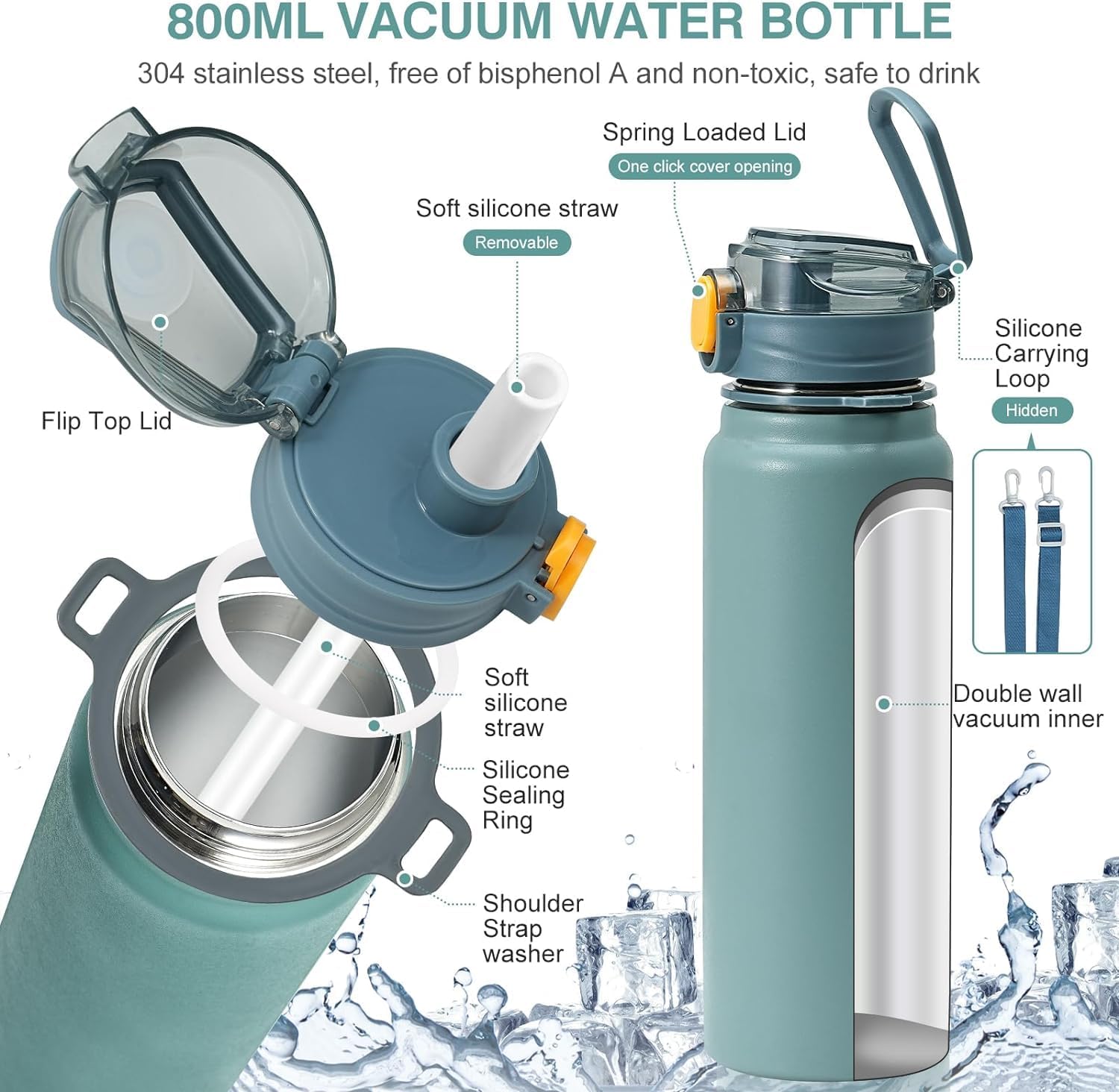 Stainless Steel Vacuum Insulated Water Bottle, 13 hrs Hot & 15 Hrs Cold Thermos - Green 800ML