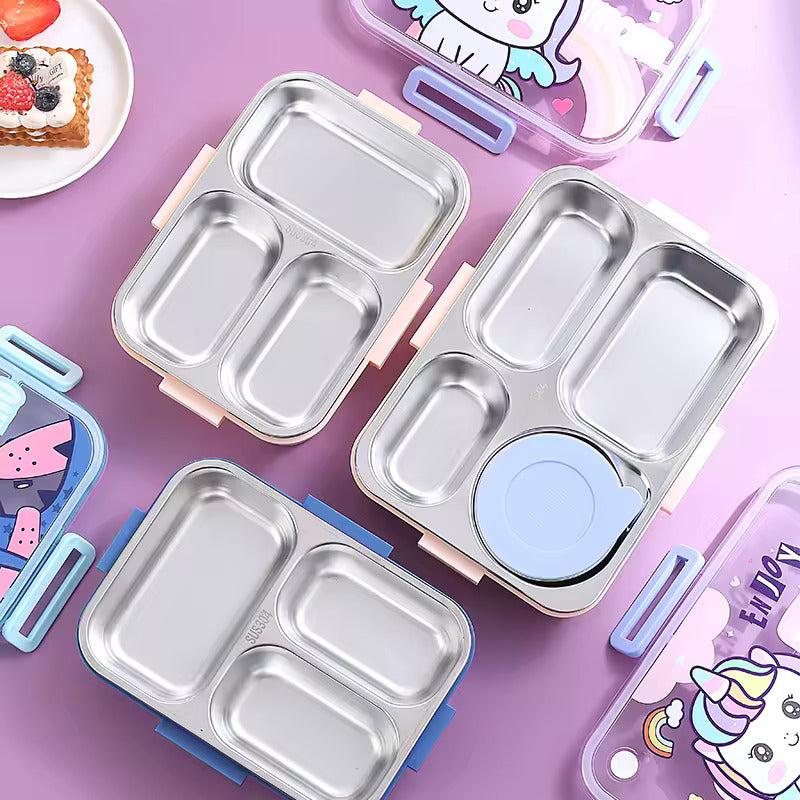 Stainless Steel Lunch Box with Fork, Chopstick & Spoon 3 Compartment for School Kids - Happy Dino (710ML)