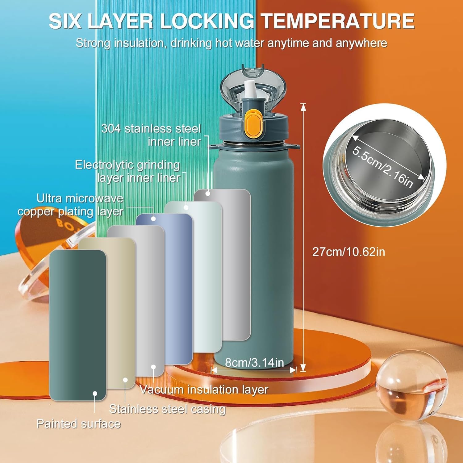 Stainless Steel Vacuum Insulated Water Bottle, 13 hrs Hot & 15 Hrs Cold Thermos - Grey 800ML