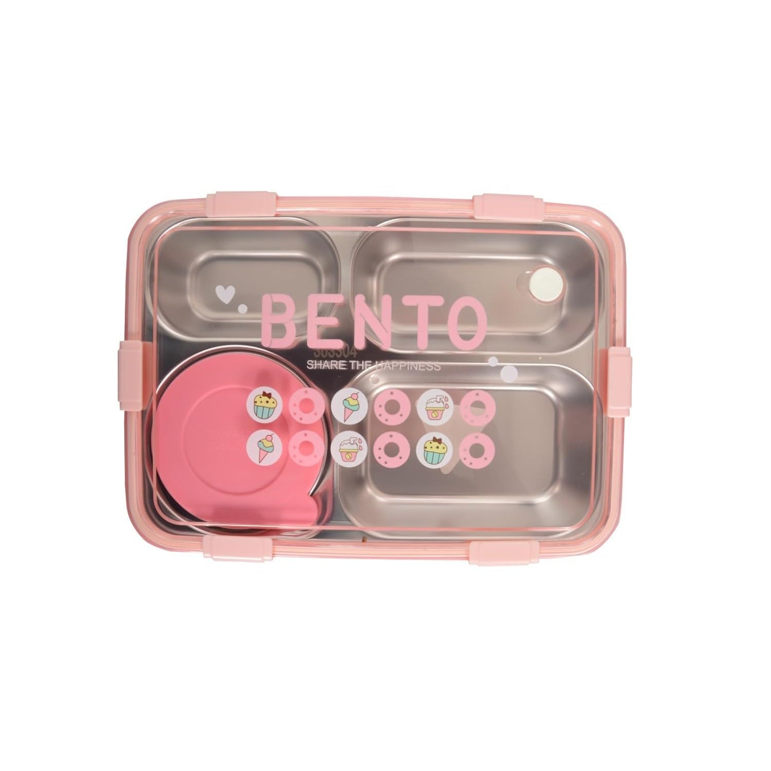 Stainless Steel Lunch Box with Fork, Chopstick & Spoon 4 Compartment for School Kids - Pink 1000ml