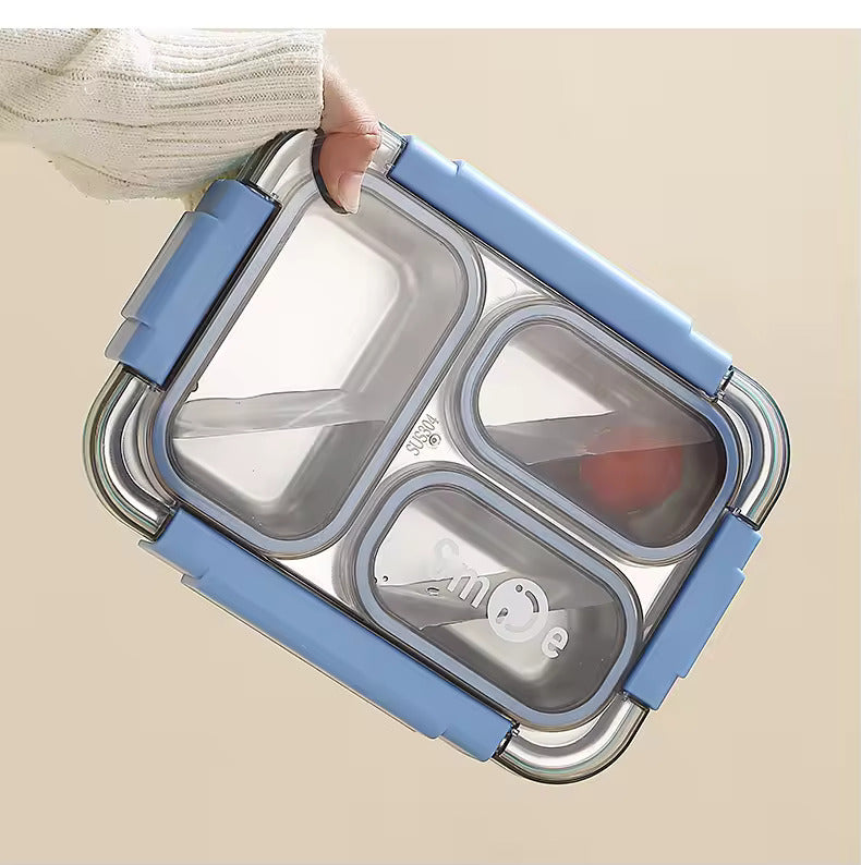 Stainless Steel Lunch Box with Fork, Chopstick & Spoon 3 Compartment for School Kids - Pink (710ML)